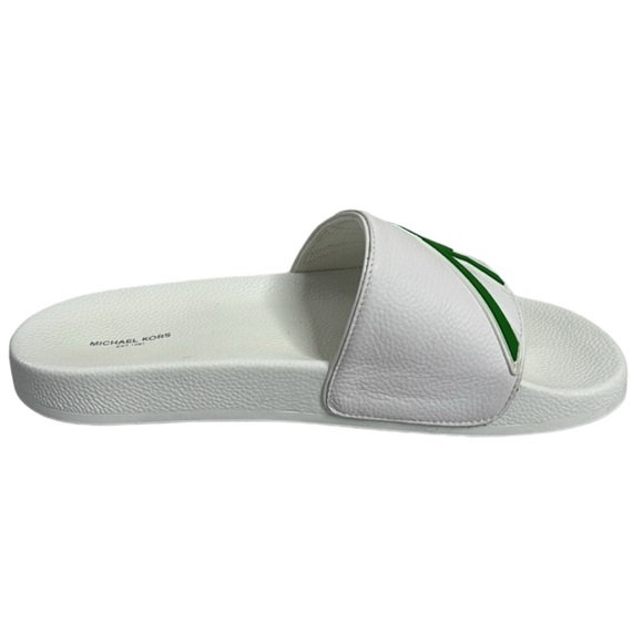 MICHAEL KORS NWT MEN’S WHITE GREEN LEATHER SLIDES SANDALS SIZE 12 - Picture 6 of 9